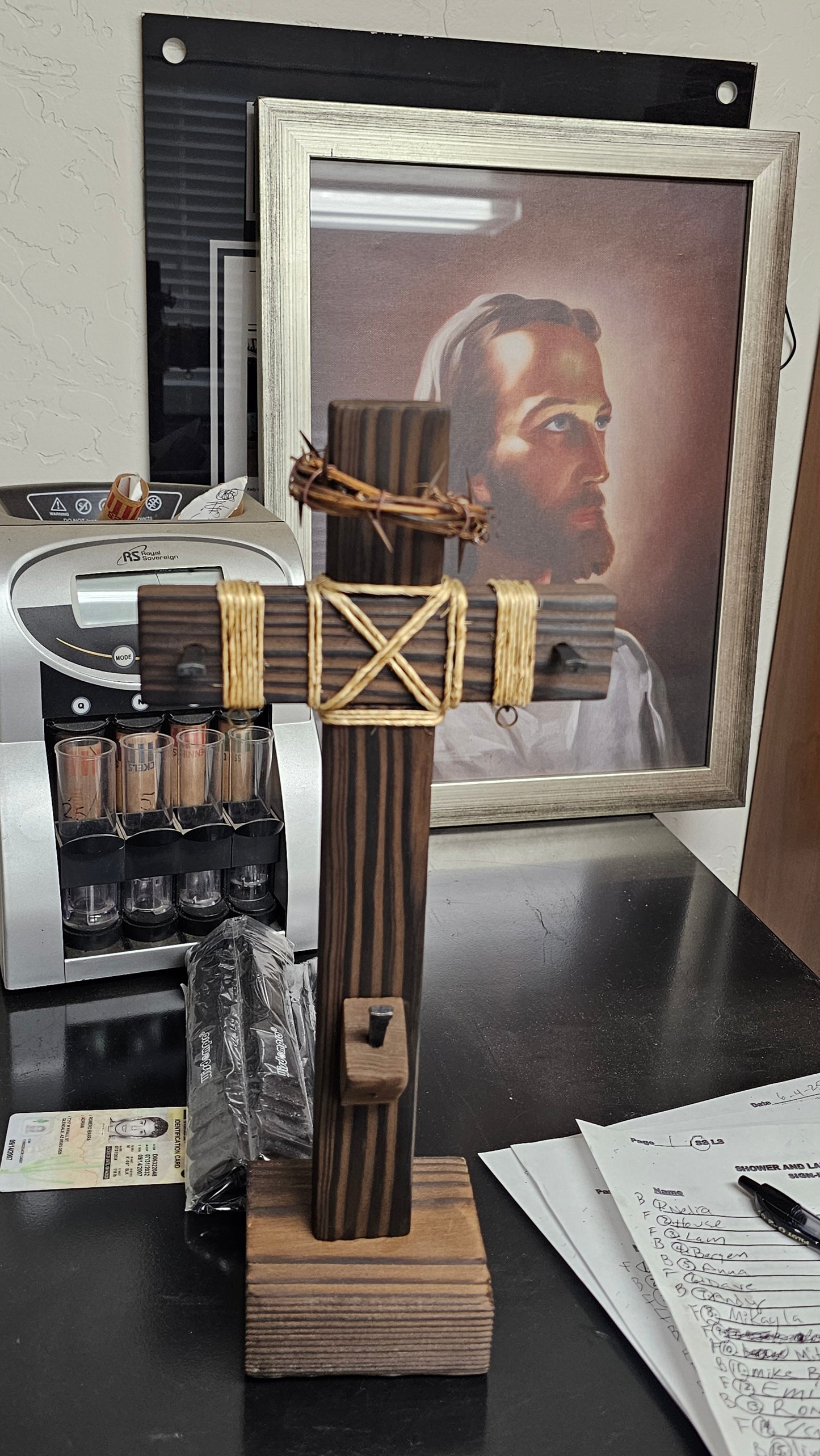"12-Inch Handcrafted Tabletop Cross – Charred Finish with Nails & Rope Details"