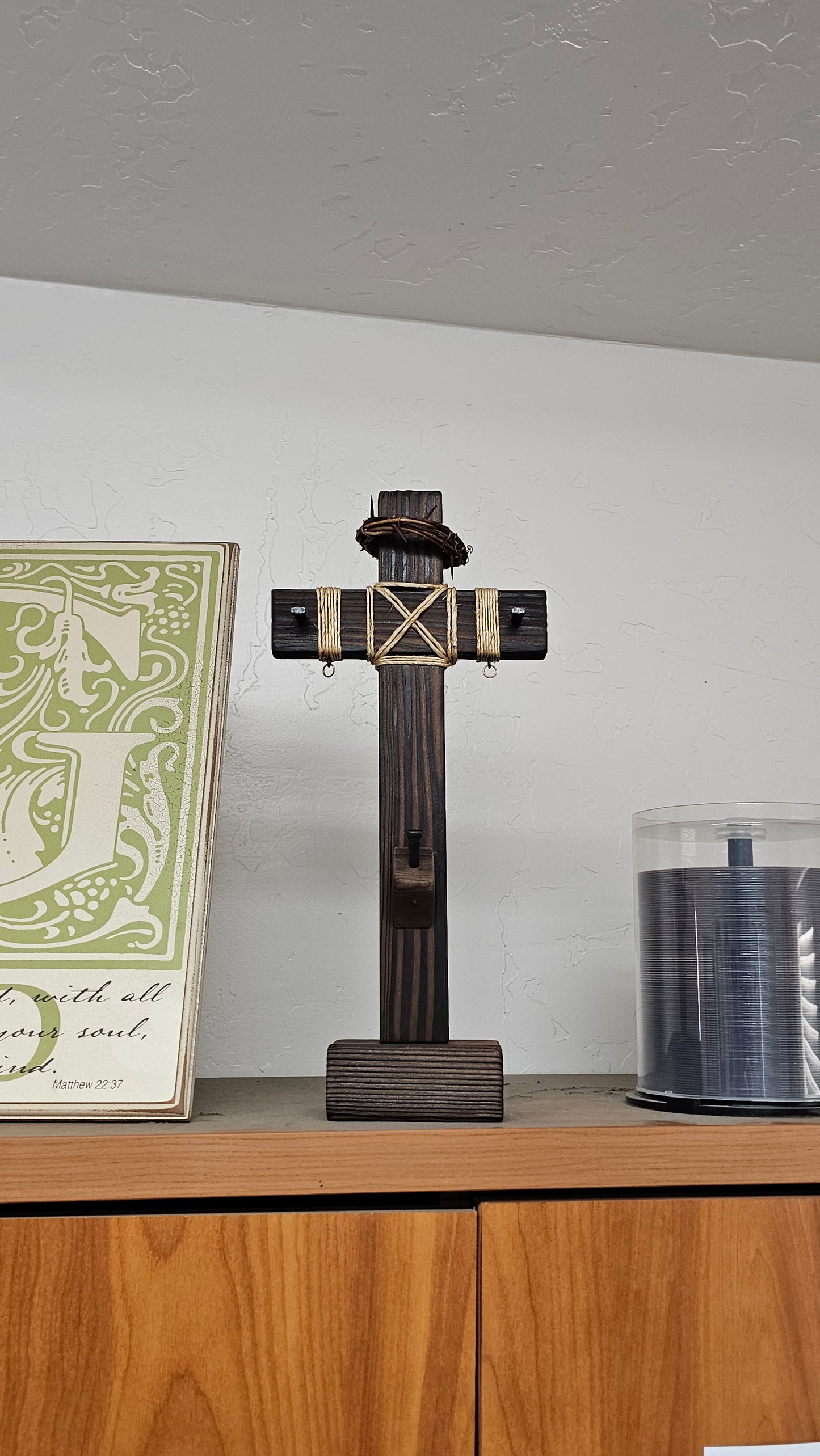 "12-Inch Handcrafted Tabletop Cross – Charred Finish with Nails & Rope Details"