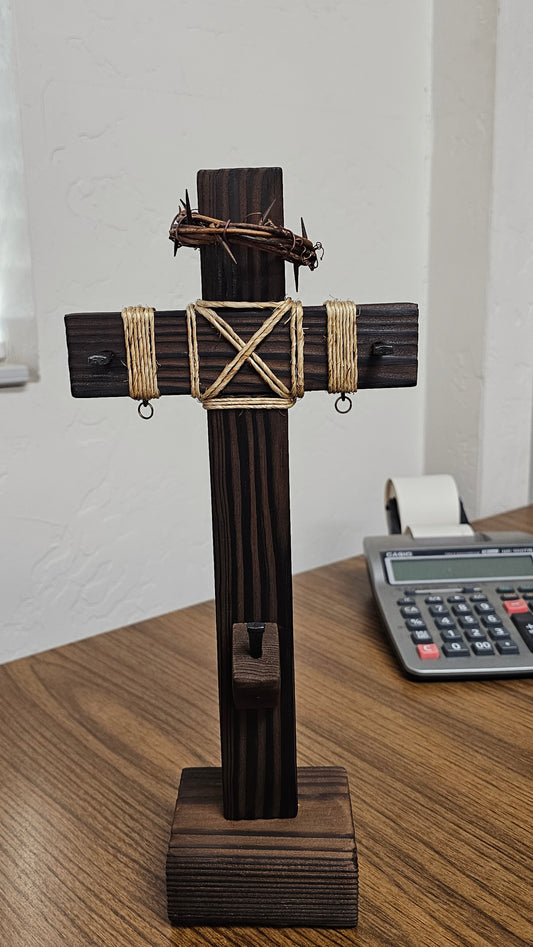 "12-Inch Handcrafted Tabletop Cross – Charred Finish with Nails & Rope Details"