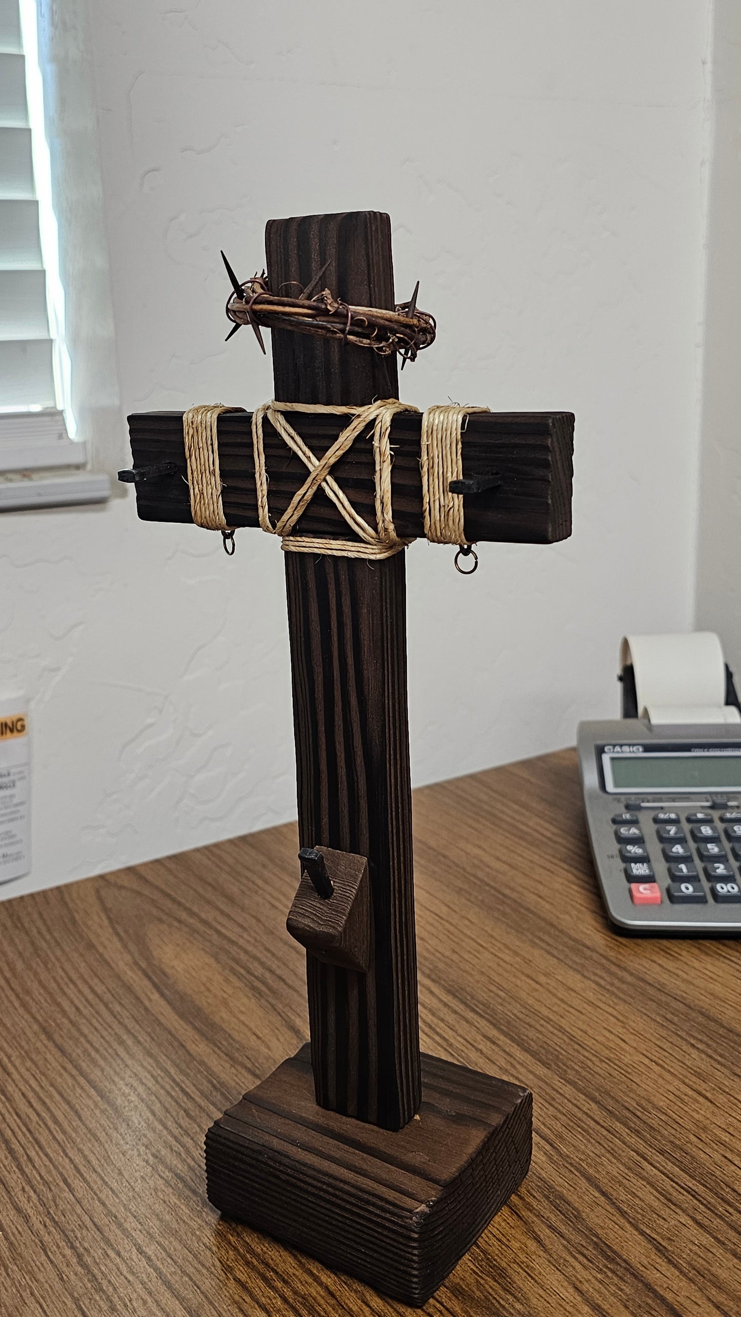 "12-Inch Handcrafted Tabletop Cross – Charred Finish with Nails & Rope Details"