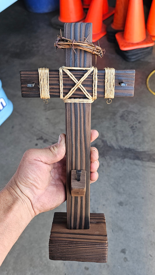 "12-Inch Handcrafted Tabletop Cross – Charred Finish with Nails & Rope Details"